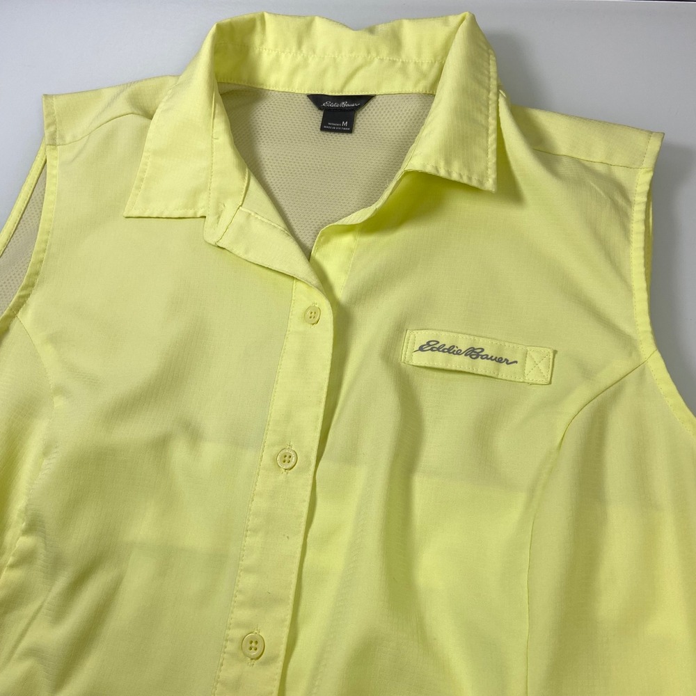 Eddie Bauer Womens Med Yellow Sleeveless Collared Button Up Shirt Top Vented